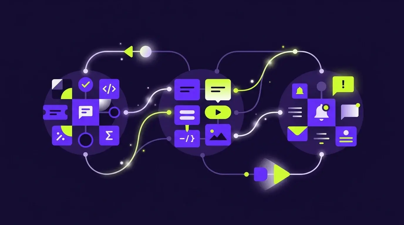 Concepto visual de flujos automatizados conectando tickets, formularios y alertas sin programación