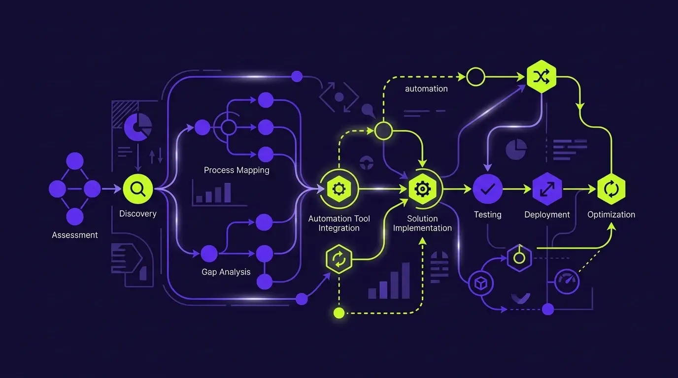 Diagrama conceptual de consultoría de automatización conectando procesos y herramientas
