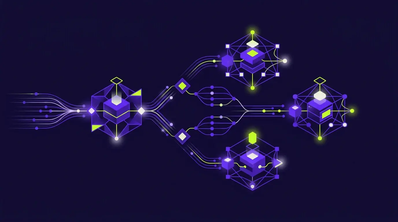 Nodos conectados representando flujos de automatización entre n8n, Make y Zapier