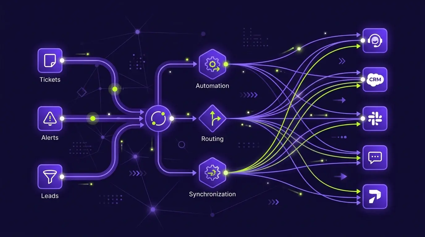 Flujos conectados que automatizan tickets, alertas de SLA y leads sin programar